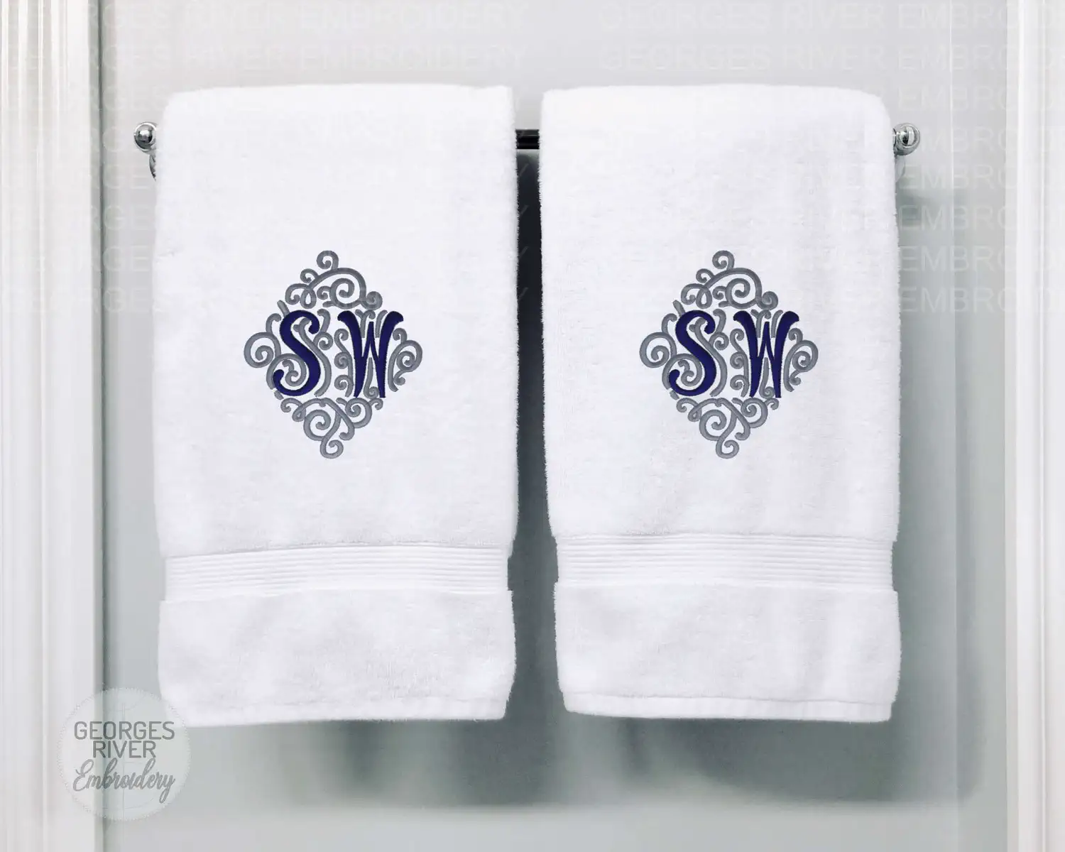 Personalised Monogrammed Bath Towel - Single or Set - Swirl Design 2 Letters