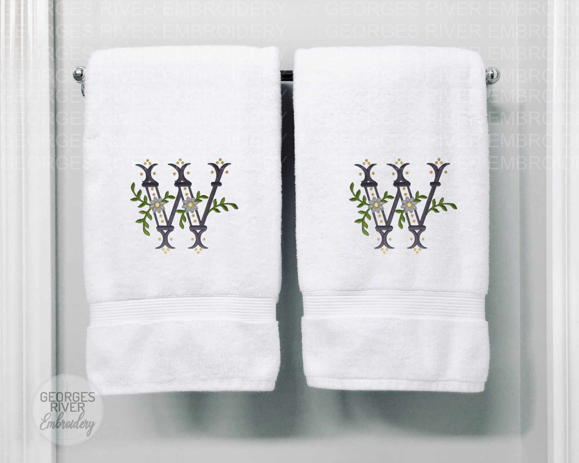 Personalised Monogrammed Bath Towel - Single or Set- Flower Gem Design