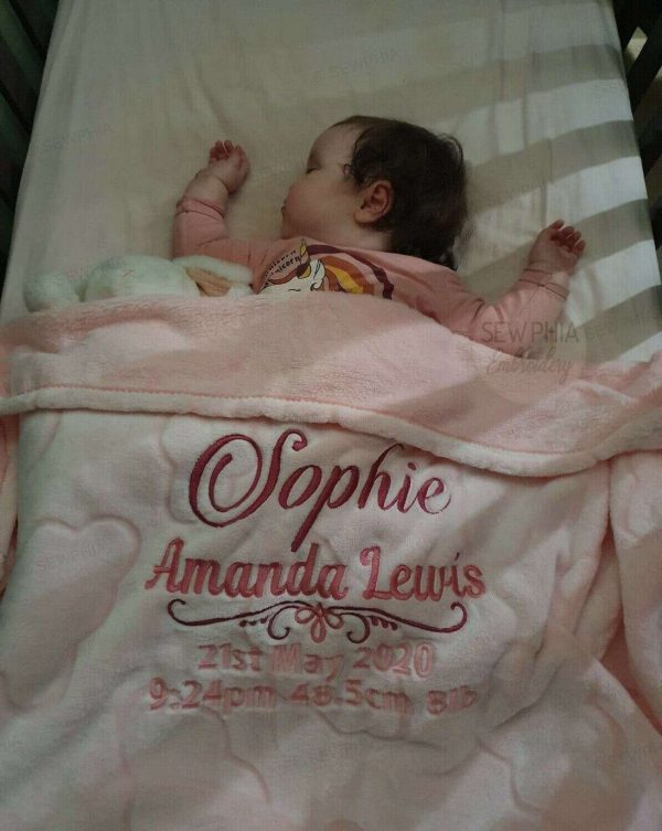 Personalized Baby Birth Record Embroidered Blanket - Pink Blue Grey - Image 3