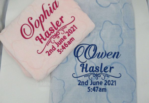 Personalized Baby Birth Record Embroidered Blanket - Pink Blue Grey