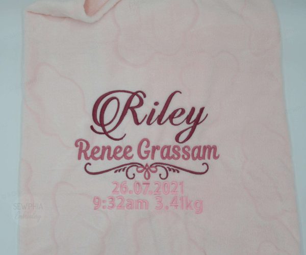 Personalized Baby Birth Record Embroidered Blanket - Pink Blue Grey - Image 4