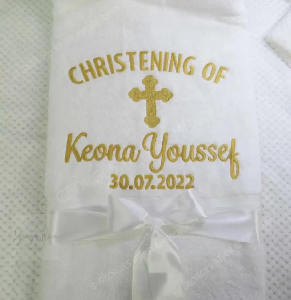 Cross Baptism / Christening Personalized Bath Towel - Christening Of Cross Name Date Design